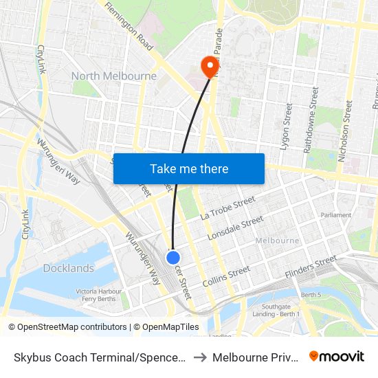 Skybus Coach Terminal/Spencer St (Melbourne City) to Melbourne Private Hospital map