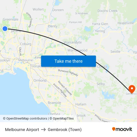 Melbourne Airport to Gembrook (Town) map