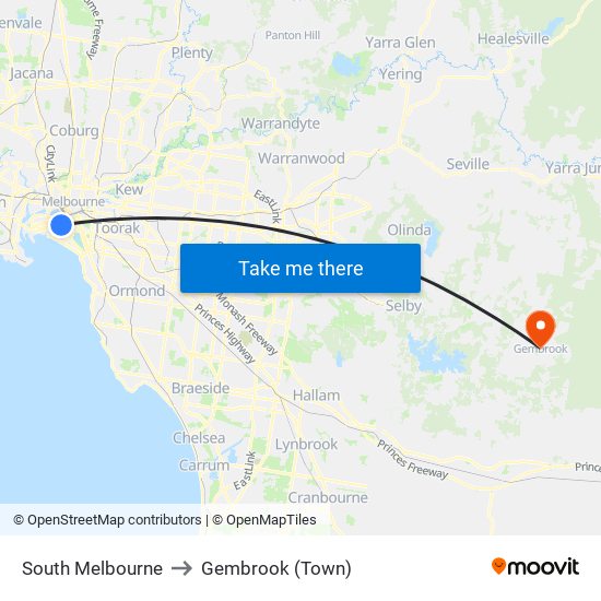 South Melbourne to Gembrook (Town) map