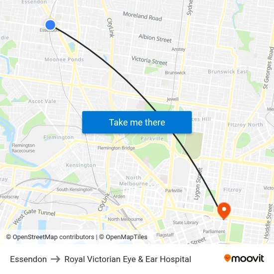 Essendon to Royal Victorian Eye & Ear Hospital map