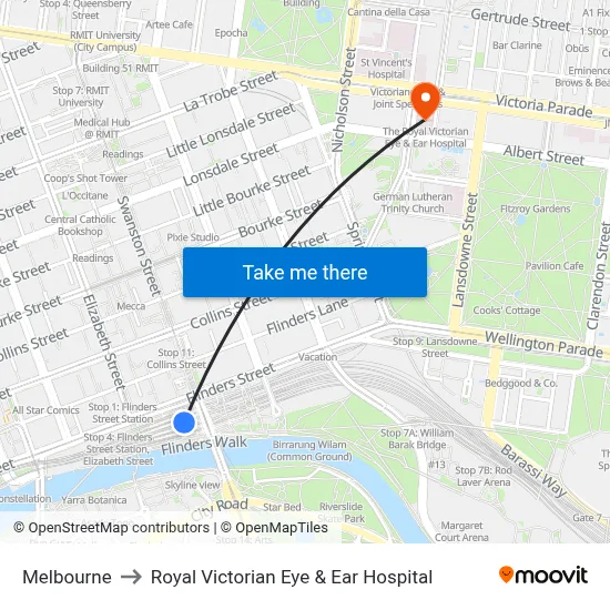 Melbourne to Royal Victorian Eye & Ear Hospital map