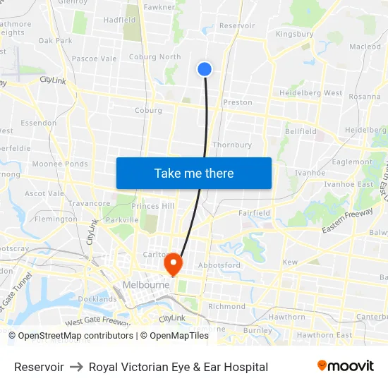 Reservoir to Royal Victorian Eye & Ear Hospital map