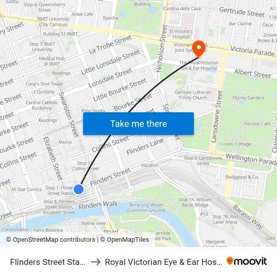 Flinders Street Station to Royal Victorian Eye & Ear Hospital map