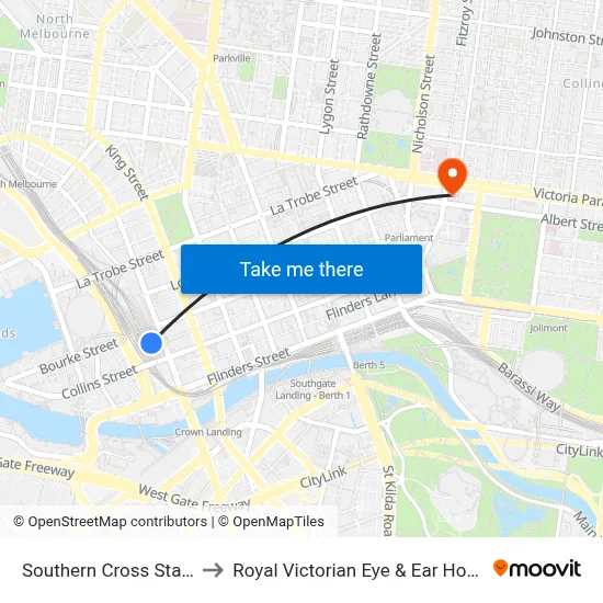 Southern Cross Station to Royal Victorian Eye & Ear Hospital map