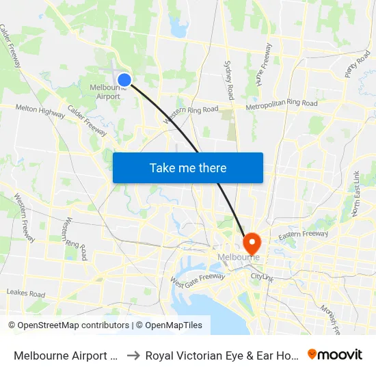 Melbourne Airport MEL to Royal Victorian Eye & Ear Hospital map