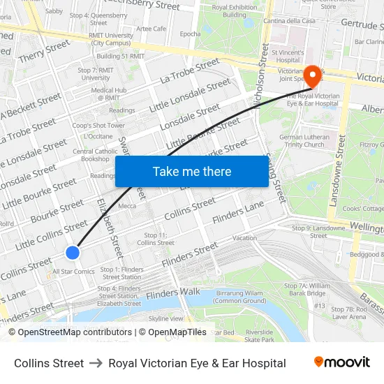 Collins Street to Royal Victorian Eye & Ear Hospital map