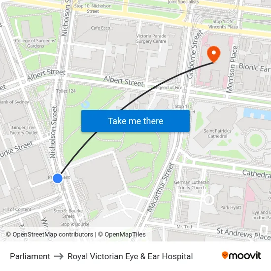 Parliament to Royal Victorian Eye & Ear Hospital map