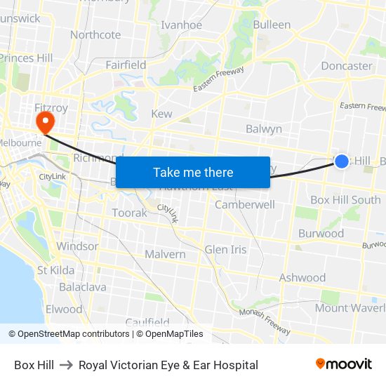 Box Hill to Royal Victorian Eye & Ear Hospital map