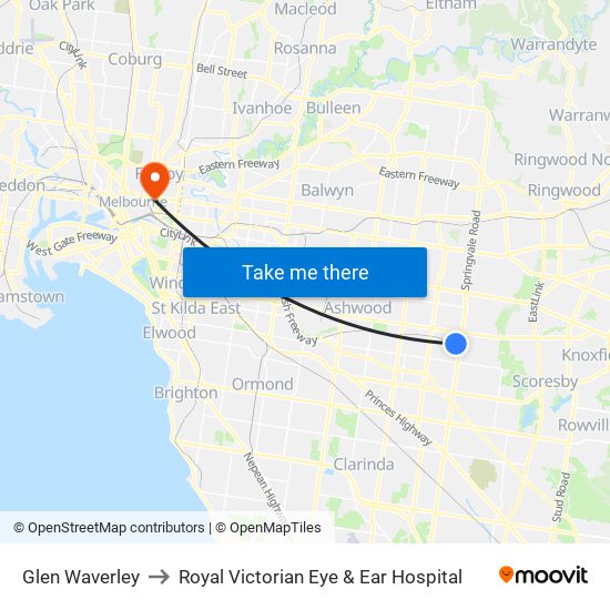 Glen Waverley to Royal Victorian Eye & Ear Hospital map