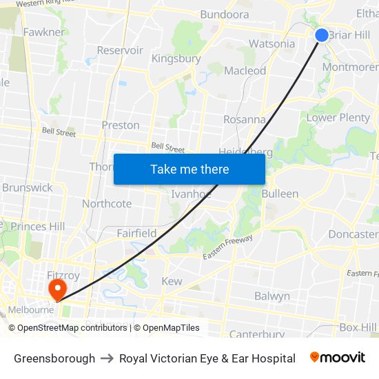 Greensborough to Royal Victorian Eye & Ear Hospital map