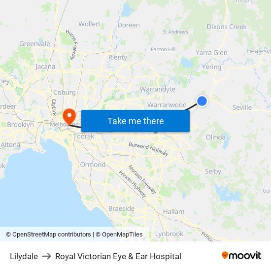 Lilydale to Royal Victorian Eye & Ear Hospital map