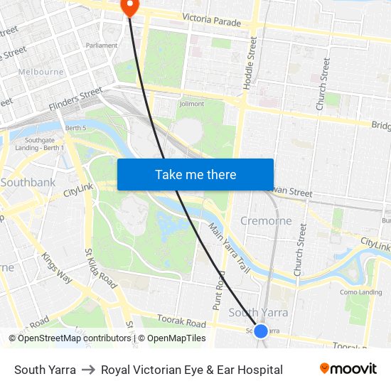 South Yarra to Royal Victorian Eye & Ear Hospital map