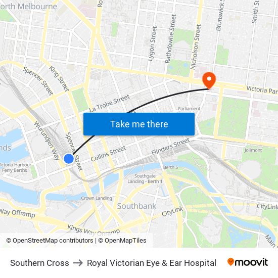 Southern Cross to Royal Victorian Eye & Ear Hospital map