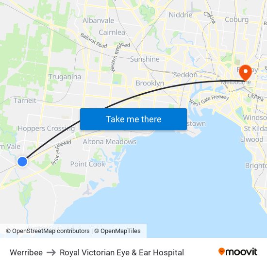 Werribee to Royal Victorian Eye & Ear Hospital map