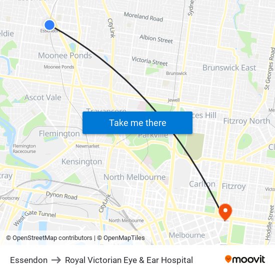 Essendon to Royal Victorian Eye & Ear Hospital map