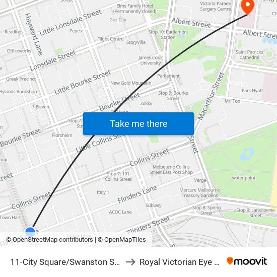 11-City Square/Swanston St (Melbourne City) to Royal Victorian Eye & Ear Hospital map