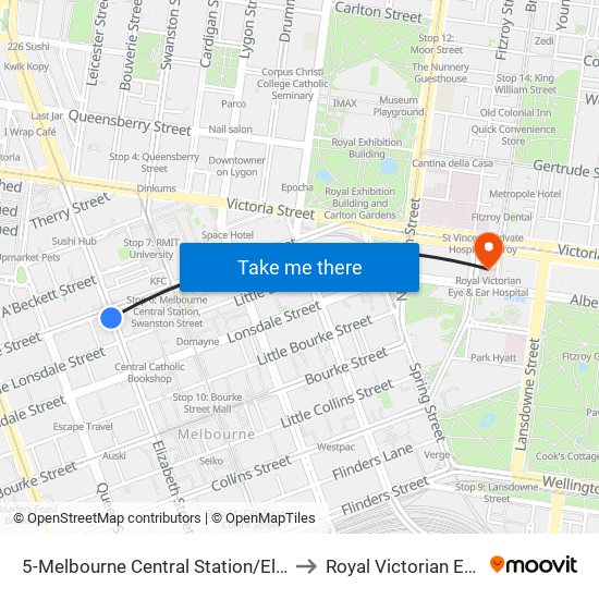 5-Melbourne Central Station/Elizabeth St (Melbourne City) to Royal Victorian Eye & Ear Hospital map