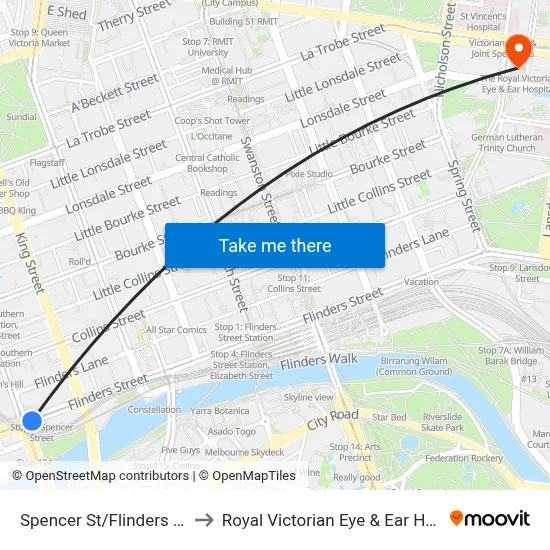 Spencer St/Flinders St #1 to Royal Victorian Eye & Ear Hospital map