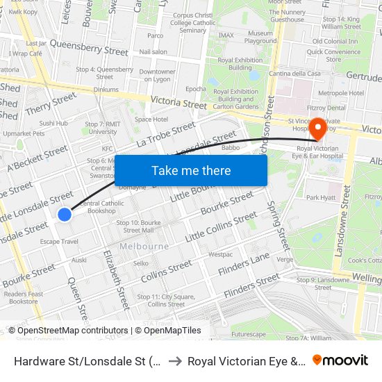 Hardware St/Lonsdale St (Melbourne City) to Royal Victorian Eye & Ear Hospital map