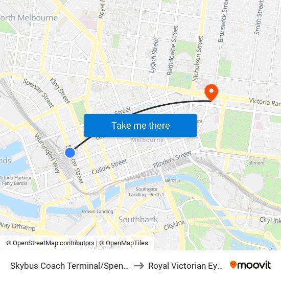 Skybus Coach Terminal/Spencer St (Melbourne City) to Royal Victorian Eye & Ear Hospital map