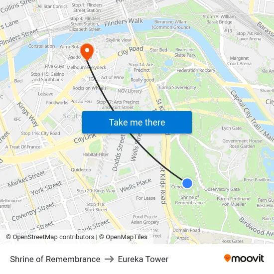 Shrine of Remembrance to Eureka Tower map
