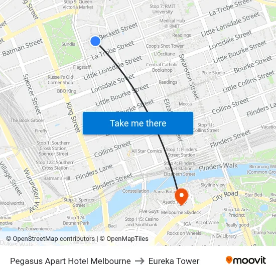 Pegasus Apart Hotel Melbourne to Eureka Tower map