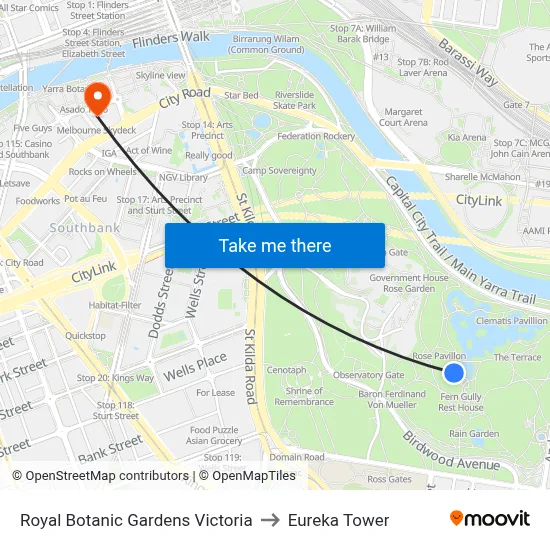 Royal Botanic Gardens Victoria to Eureka Tower map
