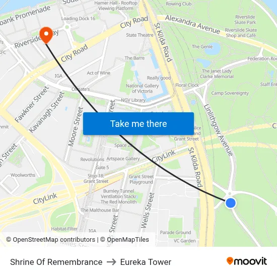 Shrine Of Remembrance to Eureka Tower map