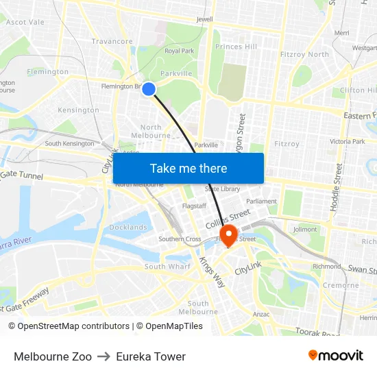 Melbourne Zoo to Eureka Tower map