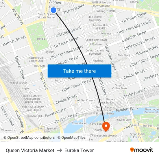 Queen Victoria Market to Eureka Tower map