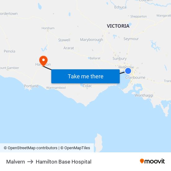 Malvern to Hamilton Base Hospital map
