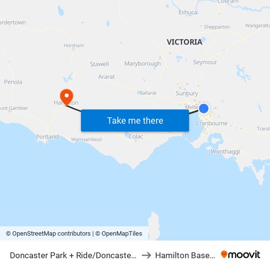 Doncaster Park + Ride/Doncaster Rd (Doncaster) to Hamilton Base Hospital map