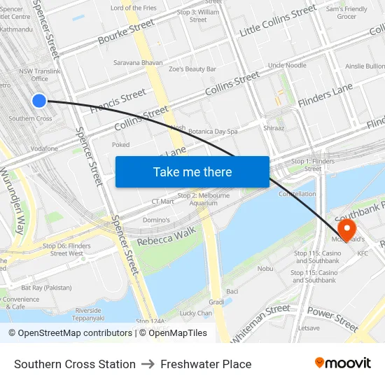 Southern Cross Station to Freshwater Place map