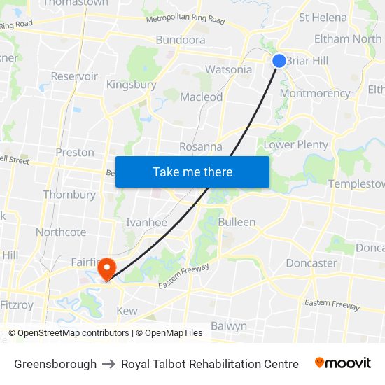 Greensborough to Royal Talbot Rehabilitation Centre map