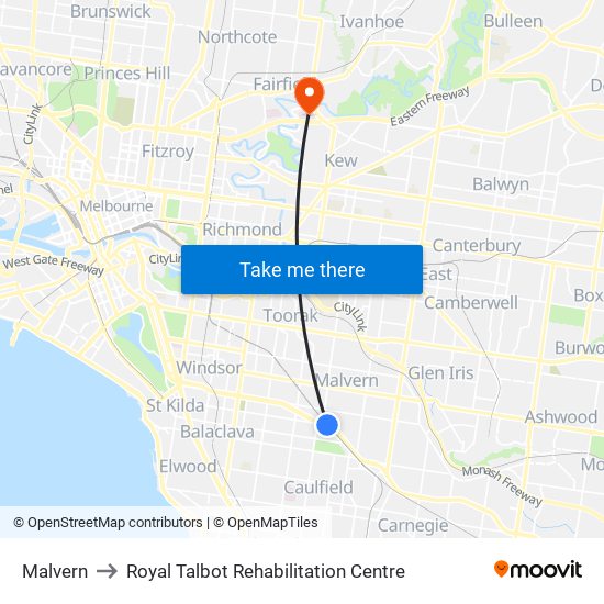 Malvern to Royal Talbot Rehabilitation Centre map