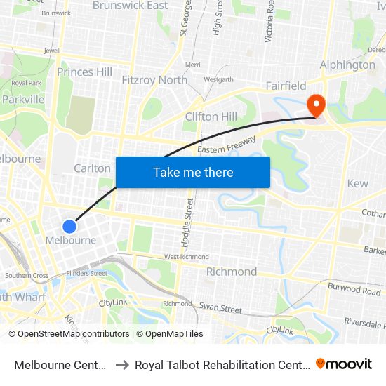 Melbourne Central to Royal Talbot Rehabilitation Centre map