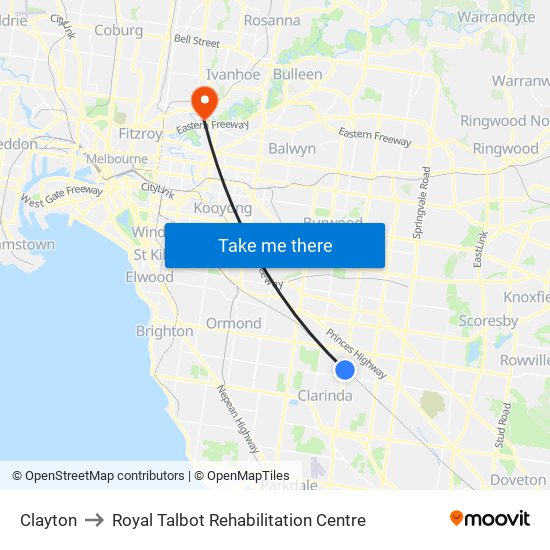 Clayton to Royal Talbot Rehabilitation Centre map