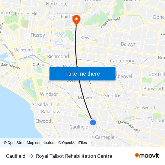 Caulfield to Royal Talbot Rehabilitation Centre map