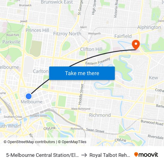 5-Melbourne Central Station/Elizabeth St (Melbourne City) to Royal Talbot Rehabilitation Centre map