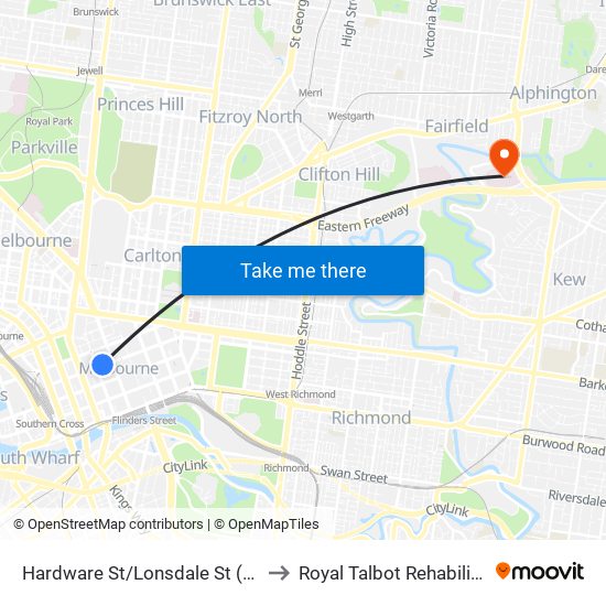 Hardware St/Lonsdale St (Melbourne City) to Royal Talbot Rehabilitation Centre map