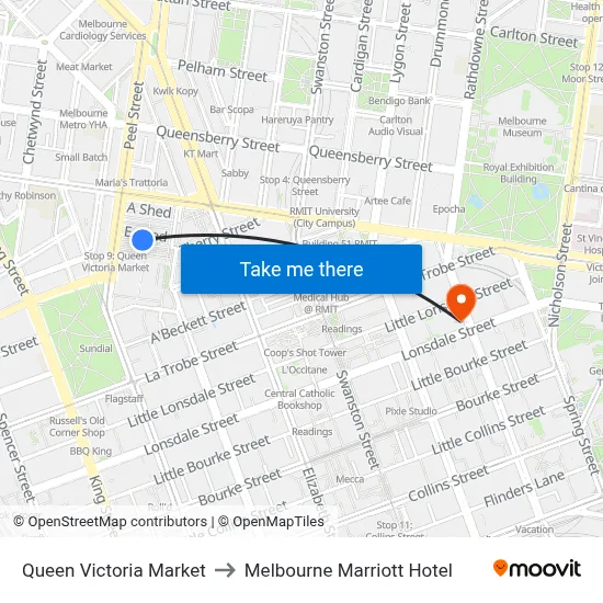 Queen Victoria Market to Melbourne Marriott Hotel map