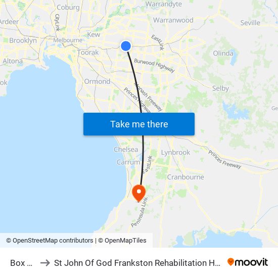 Box Hill to St John Of God Frankston Rehabilitation Hospital map