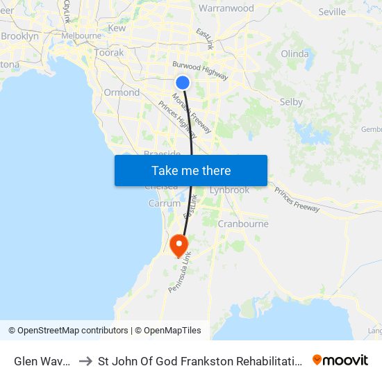 Glen Waverley to St John Of God Frankston Rehabilitation Hospital map