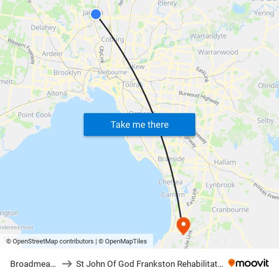 Broadmeadows to St John Of God Frankston Rehabilitation Hospital map