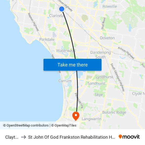 Clayton to St John Of God Frankston Rehabilitation Hospital map