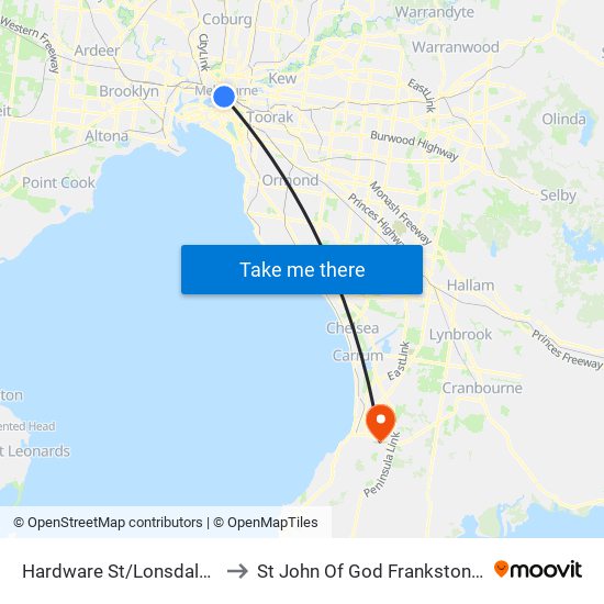 Hardware St/Lonsdale St (Melbourne City) to St John Of God Frankston Rehabilitation Hospital map