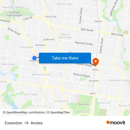 Essendon to Anstey map