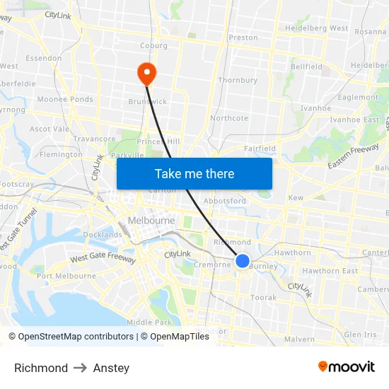 Richmond to Anstey map