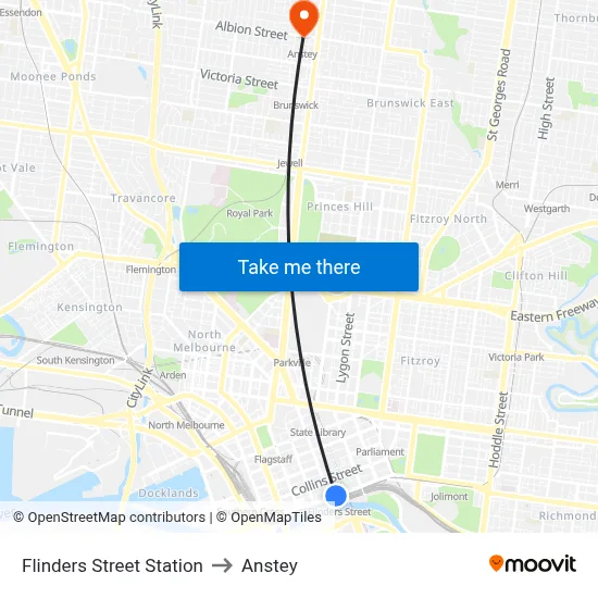Flinders Street Station to Anstey map