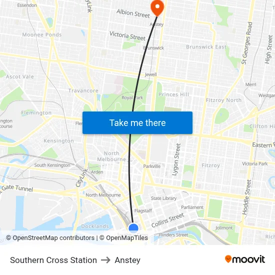Southern Cross Station to Anstey map